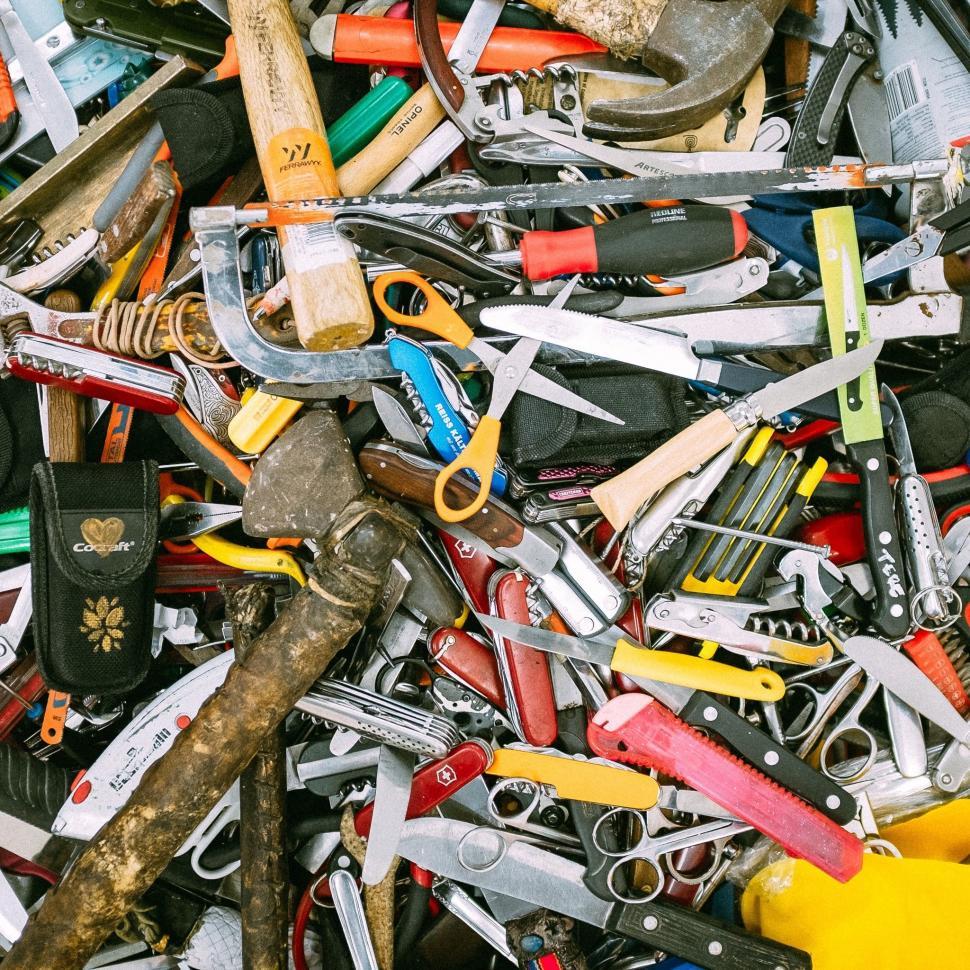 Free Image of Assorted Tool Pile in Workshop 