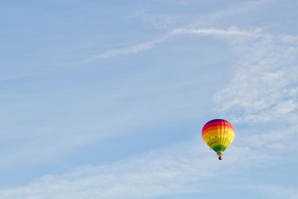 Free Image of Hot Air Balloon Soaring Through Blue Sky 