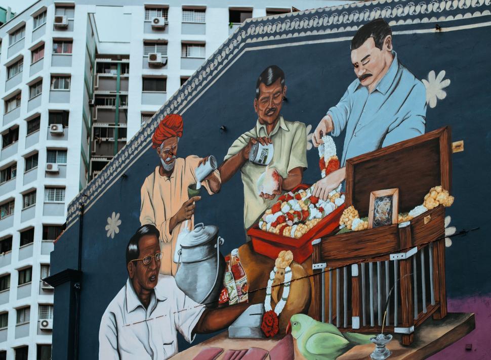 Free Image of Men Serving Food Mural on Building 
