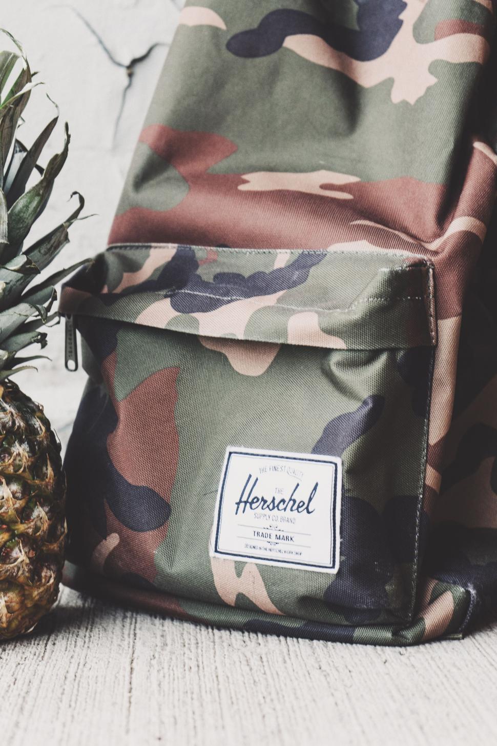 Free Image of Pineapple Sitting Next to Camouflage Backpack 