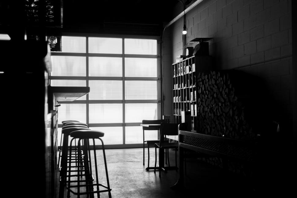Free Image of Bar With Stools in Black and White 