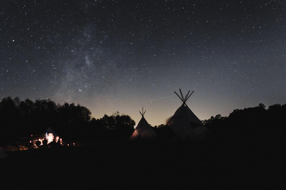 Free Image of Starry Night Sky With Teepee Silhouettes 