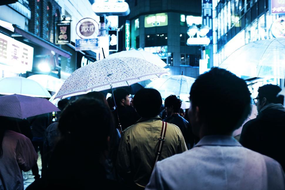 Free Image of Crowd of People Walking Down a Street Holding Umbrellas 