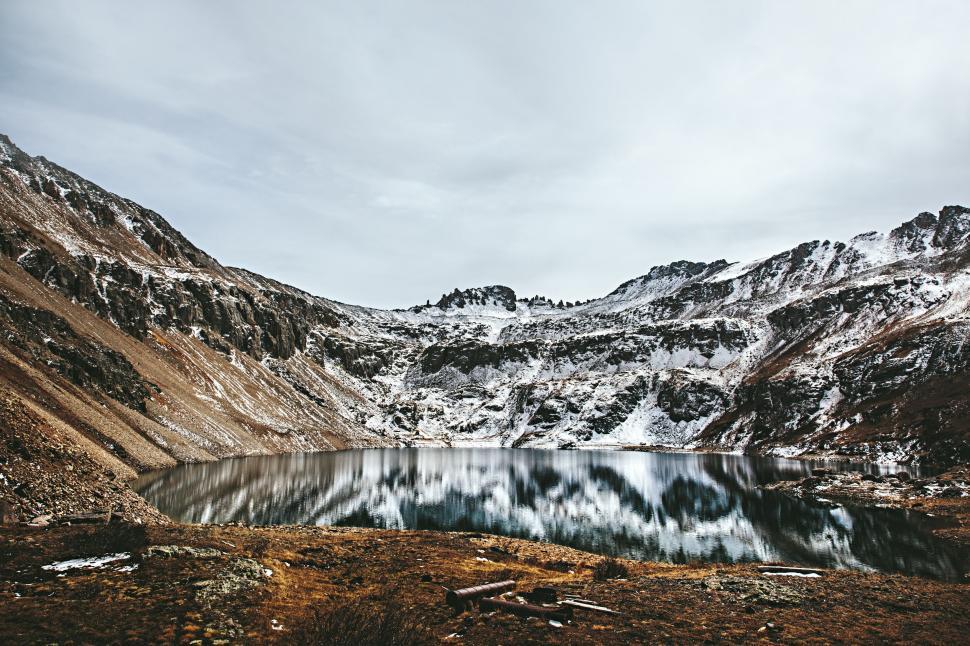 Free Image of Majestic Mountain Lake Surrounded by Snow Covered Peaks 